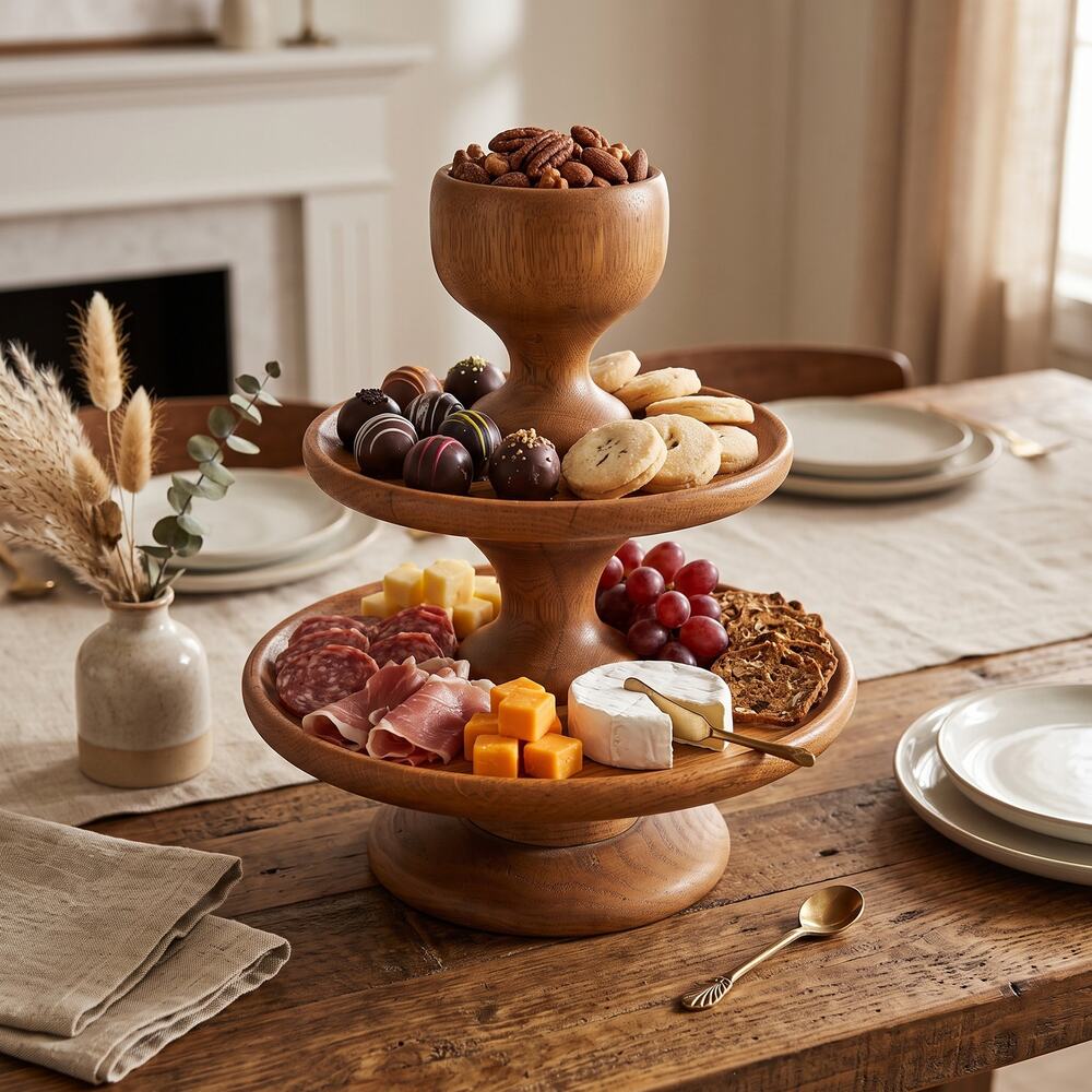 3 tier wood snack tray cheese MCM party Teak Vintage One Piece Centerpiece
